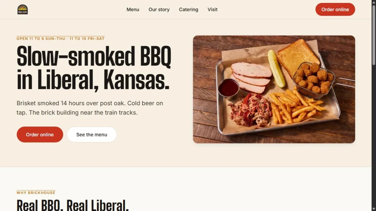 BrickHouse website with bold restaurant lettering, barbecue photography, and clear menu and ordering buttons