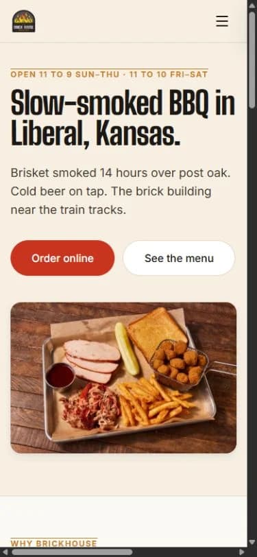 BrickHouse mobile website with direct access to the menu and online ordering